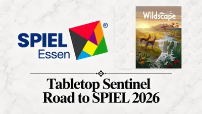 A geometric logo with the text "SPIEL Essen" in blue. Beside it, a game card titled "Wildscape" showing a landscape with two deer and a sunset. Below, the text reads "Tabletop Sentinel Road to SPIEL 2026."
