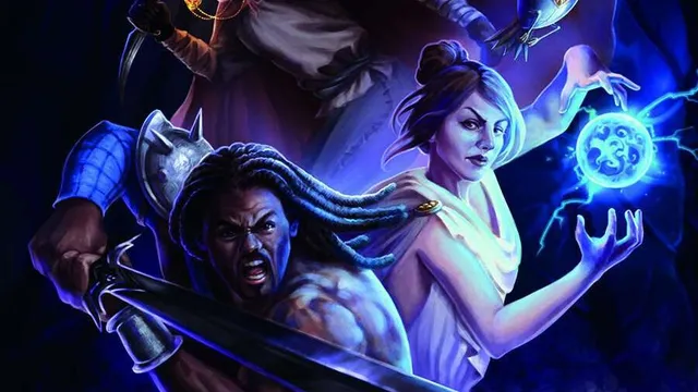 Fantasy heroes in dark setting, glowing orb, sword, owl-like creature, masked figure.