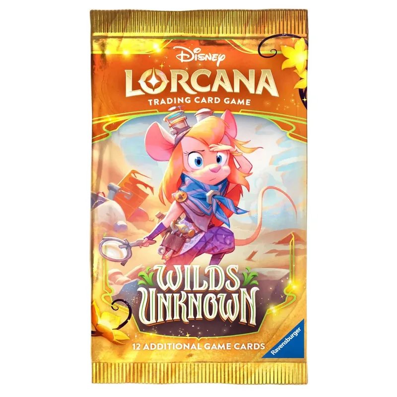 A brightly colored booster pack for the Disney Lorcana Trading Card Game, titled "Wilds Unknown," features a cartoon mouse character with pink ears and a blue scarf, dressed in a purple outfit with a belt and pouch. The background includes whimsical elements, suggesting an adventurous theme, with hints of a desert landscape. The pack prominently displays the text "12 ADDITIONAL GAME CARDS" along with the Disney Lorcana logo and Ravensburger branding.