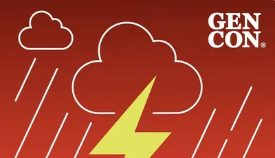 Red background with white clouds, rain, and a yellow lightning bolt. Text: "GEN CON"