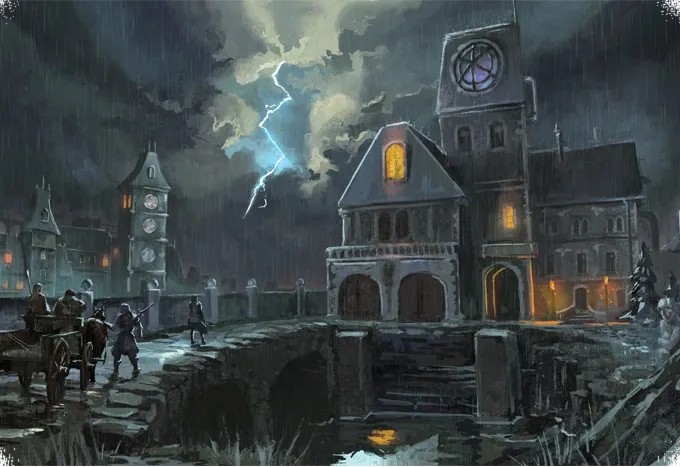 Dark stormy sky with lightning over a stone building, two figures with weapons on a stone path.