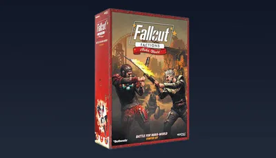 The image features the starter set box for Modiphius' Fallout: Factions skirmish game. The box is predominantly red with the game's title prominently displayed at the top, along with the subtitle "Battle for Nuka-World." The artwork depicts two characters engaged in combat: one wielding a melee weapon and the other aiming a firearm, set against a post-apocalyptic backdrop. The overall design conveys a sense of action and adventure, fitting the game's theme.