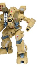 A 1/100 scale model kit of the Tomahawk mech, featuring a tan and beige color scheme with blue and red accents. The mech is posed dynamically, showcasing its bipedal stance, large arm-mounted cannon, and missile pods on its shoulder. Various decals are visible on the body, including a prominent emblem and the number "194."