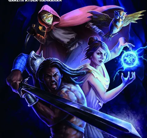 Fantasy heroes in dark setting, glowing orb, sword, owl-like creature, masked figure.