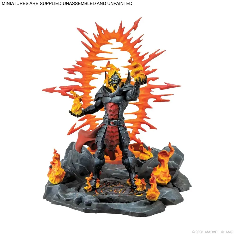 Dormammu, depicted as a towering figure with a fierce expression, stands amidst swirling flames and a dramatic backdrop of fiery energy. He is clad in dark armor with red accents, and his hands are engulfed in mystical fire, emphasizing his powerful presence. The base features rocky terrain with additional flames and a circular symbol, enhancing the otherworldly atmosphere of the scene.