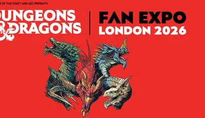 A striking graphic features a fierce, multi-headed dragon with vibrant colors, set against a bold red background. The text prominently displays "Dungeons & Dragons" at the top, followed by "FAN EXPO LONDON 2026" in large, bold letters. The design emphasizes the excitement of the upcoming event, highlighting the partnership between Wizards of the Coast and AEG Presents.