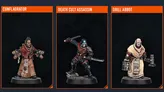 The image features three miniature figures from the Games Workshop universe, each displayed in a vertical arrangement with their names at the top. 

On the left, the Conflagrator is depicted wearing a long, flowing robe with intricate details, holding a device in one hand. The center figure, the Death Cult Assassin, is in a dynamic pose, dressed in dark attire with a mask and wielding a weapon. On the right, the Drill Abbot stands confidently, clad in a robe and holding a container, showcasing a more imposing presence. The background is a dark, textured surface that enhances the details of the miniatures.