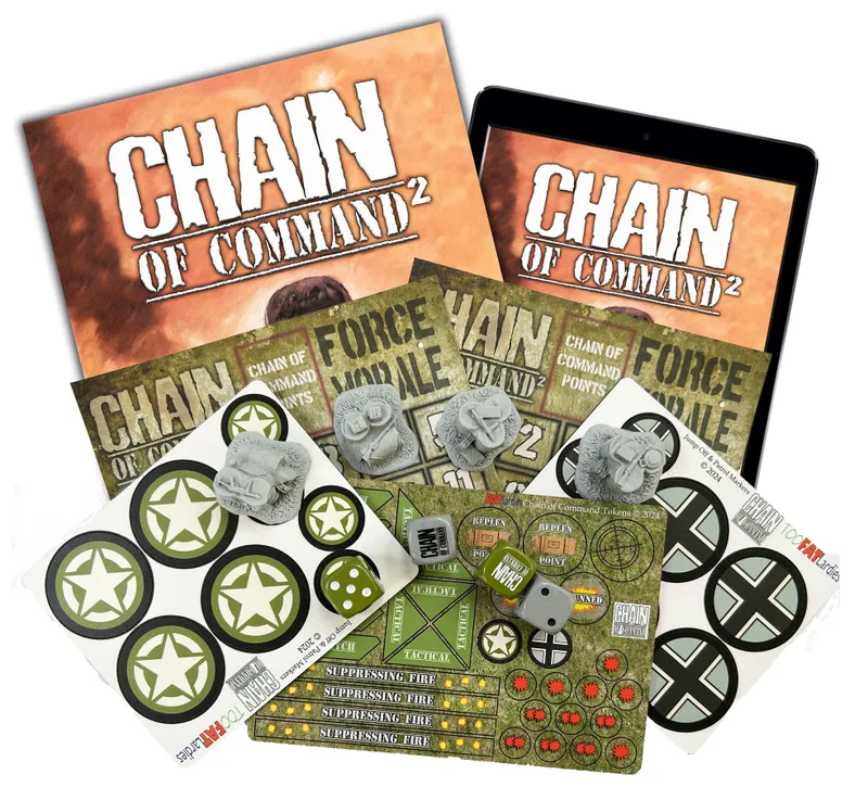 The image showcases the new edition of "Chain of Command," featuring the rulebook prominently at the top, with the title clearly visible. Surrounding the rulebook are various game components, including morale trackers, tokens with military symbols, and resin Jump Off Points. An iPad displaying the game interface is also included, emphasizing the digital aspect of the game.
