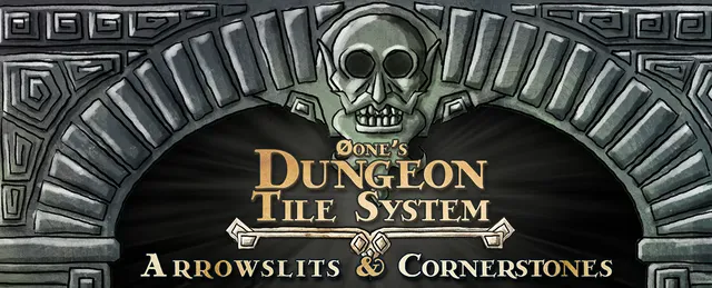 Dungeon Tile System - Arrowslits & Cornerstones logo showing a skull as the keystone in a dwarven stone archway.