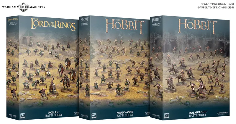 Two boxes labeled "Mirkwood Battlehost" and "Dol Guldur Battlehost" with miniature figures and "The Hobbit" text.