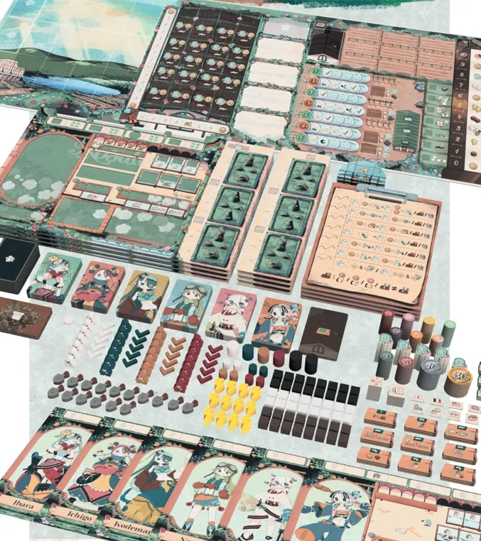 Spread of Rosalie board game with cards, tokens, boards, and components.