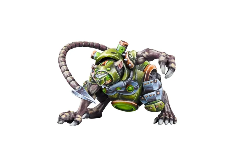 A detailed miniature of a Verr-Myn character, featuring a muscular, anthropomorphic rat-like figure with a green and gray color scheme. The character is equipped with various cybernetic enhancements, including a large backpack with tubes and a sharp blade on one arm. Its stance is dynamic, suggesting readiness for action, with a long, segmented tail and fierce facial features that convey a sense of aggression.