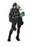 Cyberpunk mercenary in armored tactical gear holding a tablet, wearing a gas mask with glowing green eyes, holding a firearm. Visible text: "DOVI" on chest plate. Dark background.