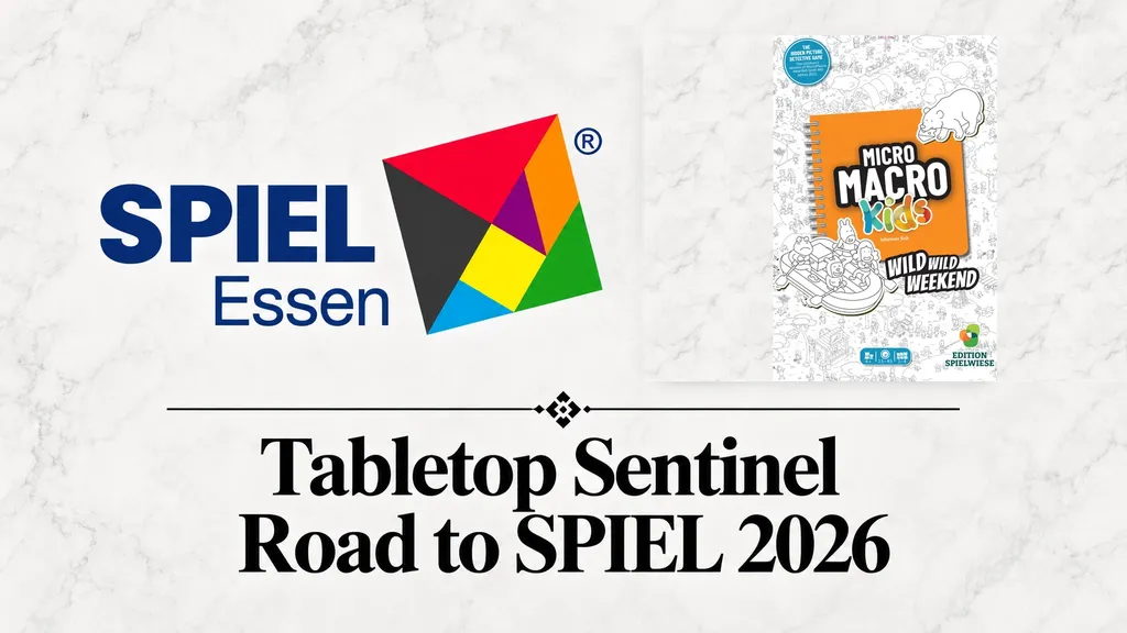 Intel logo, MicroMacro Kids book cover, text "Tabletop Sentinel Road to SPIEL 2026"