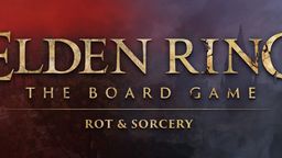 The image features the title "ELDEN RING: THE BOARD GAME" prominently displayed in a bold, metallic font, with the subtitle "ROT & SORCERY" beneath it. The background transitions from deep red to dark purple, evoking a sense of mystery and decay, while subtle textures suggest a fantastical landscape. The overall design reflects the themes of the Elden Ring universe, hinting at adventure and exploration.