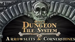 Dungeon Tile System - Arrowslits & Cornerstones logo showing a skull as the keystone in a dwarven stone archway.
