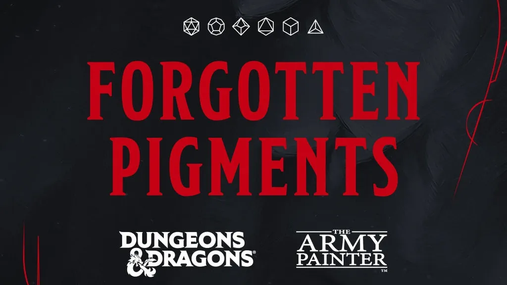 Dark background with red border. Five dice icons aligned horizontally at top. Bold red text reads "FORGOTTEN PIGMENTS." Below, "DUNGEONS & DRAGONS" logo in red and white, and "THE ARMY PAINTER" logo in white. Copyright text at bottom.