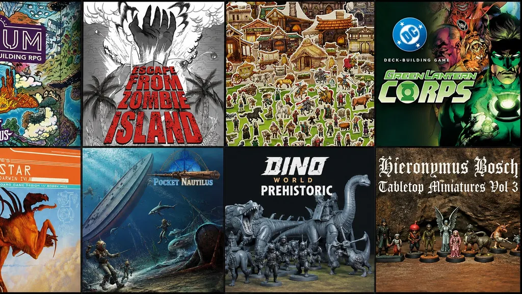 Six tabletop game covers: Zombicide, village scene, Green Lantern, Dino World, Pocket Nautilus, Hieronym.