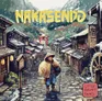 A person in traditional attire with a conical hat and staff walks down a snowy, mountainous street. Wooden buildings line both sides, some with lanterns. A red torii gate appears in the distance. Yellow text reads "NAKASENDO." Smaller red text at bottom right reads "LITTLE ROCKET GAMES."