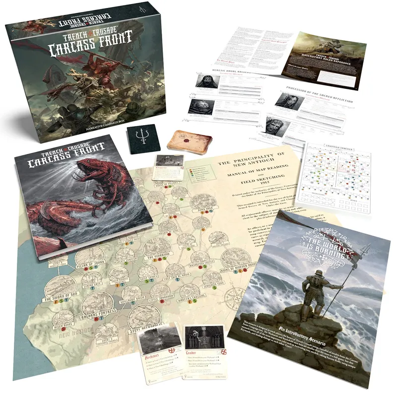 A boxed set titled "Trench Crusade: Carcass Front" features a dramatic cover illustration of a monstrous creature, possibly a leviathan, amidst a chaotic battlefield scene. Surrounding the box are various game components, including a detailed map, scenario cards, and rule sheets, all laid out on a surface. The map depicts locations within the fictional setting of New Antioch, while the scenario cards and manuals provide gameplay instructions and narrative context for the skirmish game.