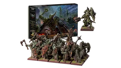 A group of chaotic warriors, known as the Warriors of Pestilence, is depicted in the foreground, showcasing their corroded armor and grotesque features, including pox and boils. They are arranged in a dynamic formation, with a variety of weapons and shields, embodying a dark fantasy aesthetic. In the background, the box set titled "Warriors of Pestilence with Weapon and Shield" is visible, alongside a bonus Hero of Pestilence miniature displayed separately.