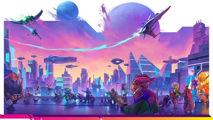 A vibrant, futuristic cityscape is depicted under a colorful sky transitioning from orange to purple, with two large planets visible in the background. Various spacecraft soar above the skyline, while a diverse group of characters, including humanoids and alien species, gather in the foreground, some engaged in conversation and others holding weapons or gadgets. The scene captures a lively atmosphere filled with adventure and the essence of a space opera setting.