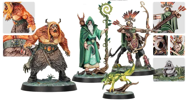 A collection of detailed miniatures from the board game Warhammer Quest: Darkwater features a variety of characters. On the left, a bearded figure with a muscular build and animalistic features stands next to a robed wizard holding a staff. In the center, a warrior adorned with tribal decorations and a bow is flanked by a small, green creature. Each character showcases intricate designs and vibrant colors, highlighting their unique roles in the game.