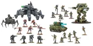 A large, multi-legged mech stands prominently on the left, featuring a turret and various mechanical details. Surrounding it are several infantry miniatures, including two distinct groups: one with heavily armored soldiers in gray and black, and another with more lightly equipped troops in casual attire, some wielding weapons. On the right, a green tank with a turret is accompanied by additional soldiers in military gear, showcasing a mix of poses and weaponry.