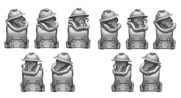 A collection of six 28mm scale miniatures, each depicting a Trench Raider figure wearing a Brodie helmet and a gas mask, with hoses connecting to their torso. The figures are shown in various poses, showcasing their armored vests and detailed features. The miniatures are rendered in a gray color, emphasizing their intricate design and versatility for use in different gaming scenarios.