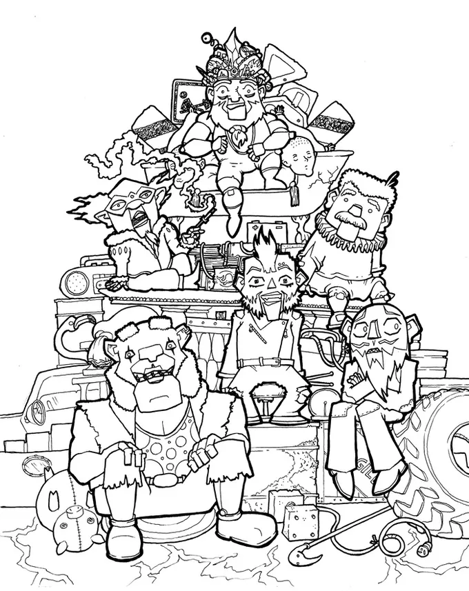 Line-art illustration of a chaotic, densely packed scene featuring numerous cartoonish humanoid figures engaged in various activities. The setting appears to be a cluttered, multi-level structure resembling a junkyard or workshop in space, with floating debris and mechanical parts.

At the center, a large, spherical object is surrounded by people. Some figures are climbing, sitting, or standing on platforms and ladders. One figure at the top wears a crown-like object and holds a wrench. Another figure nearby holds a clipboard. Several characters are interacting with mechanical devices, pipes, and gears. One person is holding a large mallet, while another appears to be pouring liquid from a container. A few figures are engaged in conversation or working on machinery.

In the lower left, a character sits on a toilet-like structure reading a book. Various tools, containers, and miscellaneous objects are scattered throughout the scene. No legible text is present.
