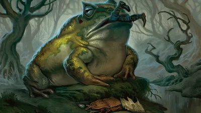 A large, armored frog-like creature with sharp claws and a spiked tail sits on mossy rocks. Its headgear resembles a mix of armor and a crown. Nearby, a dead insect lies on the ground. The background shows twisted, gnarled trees and vines in a dark, misty forest.