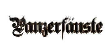 The logo for "Panzerfäuste" features the game's name in an ornate, gothic-style font. The letters are predominantly black with a slight metallic sheen, giving it a bold and striking appearance. The design includes sharp edges and flourishes, particularly on the letters "ä" and "f," which add a sense of fantasy and drama to the overall look. The logo is set against a plain white background, enhancing its visibility and impact.