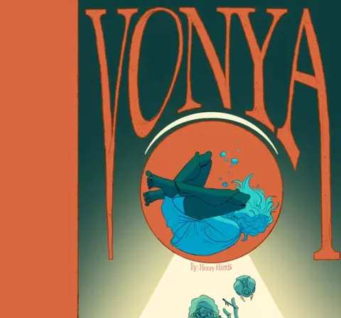 A seated figure in a long coat and hat, holding a glowing orb with a small creature inside. Above, a circular window shows a blue whale and smaller aquatic creatures in a red-orange underwater scene. Text reads "by Henry Harris" in small font near the top center.