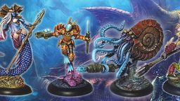 A vibrant underwater scene features four intricately designed miniatures from the game DeepWars. On the left, a mermaid with a flowing tail and a trident stands poised, while next to her, a steampunk diver in ornate armor brandishes a weapon. The third figure is a tentacled creature wielding a harpoon, and on the far right, a colorful, armored being with a shell-like back holds a spear. The background showcases a fantastical underwater landscape filled with swirling colors and marine elements.