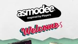 Asmodee logo, "Welcome S" text, three game boxes: Welcome to the Moon, Welcome to Your Perfect Home.