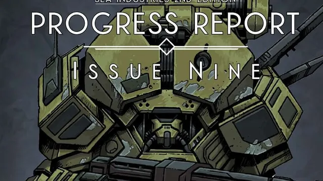 Green armored mech with red accents, holding a large gun labeled "DN". Text above: "PROGRESS REPORT ISSUE NINE".
