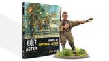 A book titled "Armies of Imperial Japan" from Warlord Games is prominently displayed, featuring a colorful cover illustration depicting Japanese soldiers in action, with a backdrop of explosions and military equipment. The book is positioned upright, showcasing its spine and cover, while a detailed 28mm miniature of a Japanese soldier is placed in the foreground, emphasizing the theme of the game. The text on the cover highlights the book's focus on World War II wargaming rules for the Imperial Japanese Army.