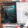 A visually striking cover features the title "Shimmerdown Caverns" prominently, set against an illustration of a mysterious cavern entrance surrounded by lush foliage and rocks. The design includes text highlighting the workbook's features, such as "16 Connected Old School Dungeon Maps & Workbook to Create YOUR Ultimate Dungeon." Surrounding the cover are various pages showcasing detailed maps and session notes, emphasizing the customizable nature of the content for game masters.