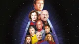 A starfield background with the text "STAR TREK ADVENTURES" at the top. Below, a group of nine characters from Star Trek are arranged in a triangular formation. The characters are from various series and include both human and alien figures, all wearing Starfleet uniforms or other recognizable attire. The arrangement is set against a glowing, triangular warp trail effect.
