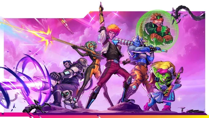 A vibrant illustration features a diverse group of six characters posed heroically against a colorful, cosmic backdrop filled with pink and purple hues. Each character showcases unique sci-fi attire and weapons, including a character with a glowing energy weapon and another with a futuristic staff. In the background, a holographic figure and various space-themed elements enhance the dynamic scene, emphasizing the adventurous spirit of the Neon Odyssey campaign.