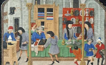 "The Merchant's Ledger" text above a medieval shop scene with people and goods.