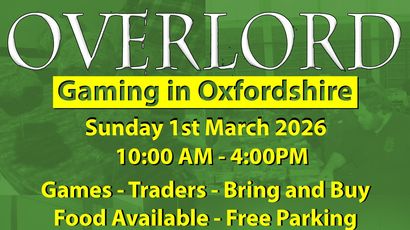 A promotional graphic for the Overlord Wargaming show features bold text on a vibrant green background. The title "OVERLORD" is prominently displayed at the top, followed by details about the event, including the date—Sunday, 1st March 2020—and the time—10:00 AM to 4:00 PM. Additional information highlights activities such as games, traders, a bring-and-buy sale, and mentions that food will be available along with free parking.