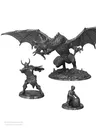 Gray metal miniatures: dragon, warrior, mage, thief on bases.