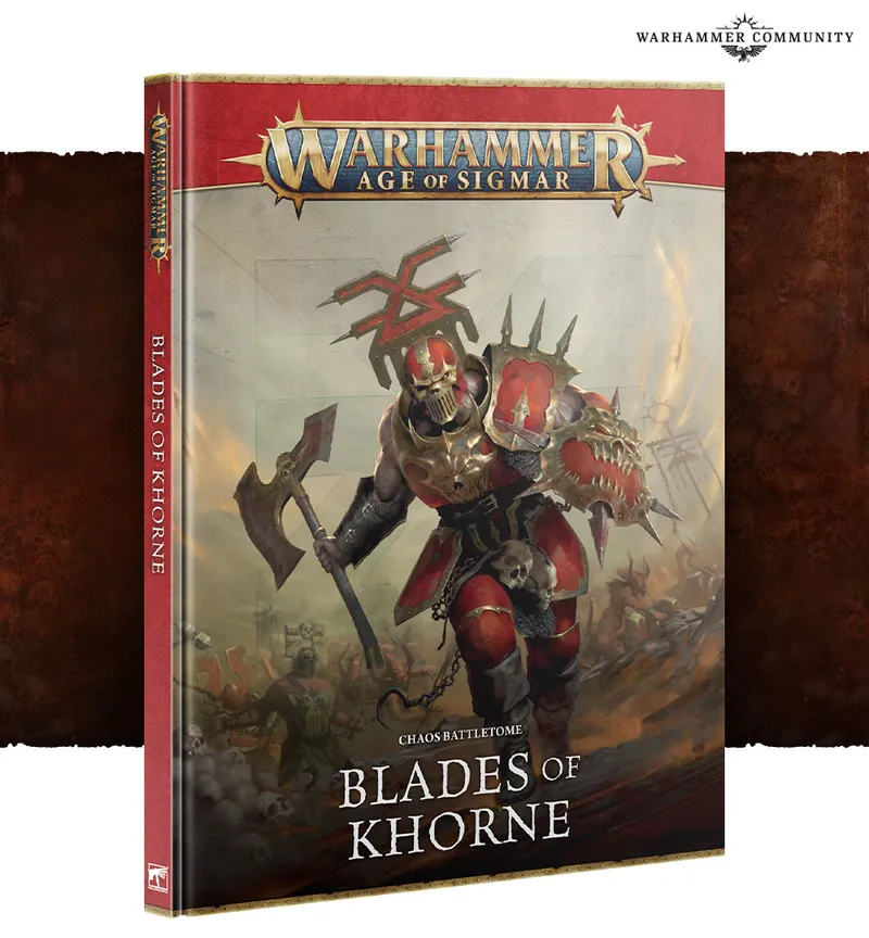 A striking cover for the "Blades of Khorne" Battletome features a powerful warrior, the Deathbringer, clad in menacing armor and wielding a massive axe and a spiked shield. The background depicts a chaotic battlefield with skulls and war machines, emphasizing the theme of bloodshed and chaos. The title "BLADES OF KHORNE" is prominently displayed at the bottom, with the Warhammer logo at the top.