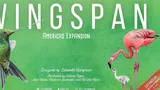 A vibrant green background features the title "WINGS PAN" prominently at the top, with "Americas Expansion" below it. To the right, a pink flamingo is depicted interacting with a smaller bird, while a long, slender bird with a dark feathered wing is shown on the left. The design credits are listed at the bottom, highlighting the creators and illustrators involved in the expansion.