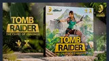 The image features the box art for the board game "Tomb Raider: The Crypt of Chronos." Prominently displayed is a dynamic depiction of Lara Croft, dressed in a teal tank top and cargo shorts, holding a gun in each hand, set against a lush, green jungle backdrop with ancient ruins. The title of the game is boldly presented in yellow text at the bottom, alongside details indicating it is designed for 1 to 4 players and has a playtime of approximately 180 minutes. The overall design conveys a sense of adventure and exploration, fitting for the Tomb Raider theme.