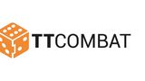 The image features the TT Combat logo, which consists of the letters "TT" in bold black font next to the word "COMBAT" in a similar style. An orange die with white dots is positioned to the left of the text, adding a playful element to the design. The overall look is clean and modern, reflecting the brand's focus on tabletop gaming.