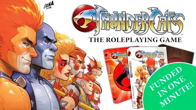A colorful promotional image for the ThunderCats roleplaying game features the game's logo prominently at the top, with the text "THE ROLEPLAYING GAME" beneath it. To the left, several characters from the ThunderCats universe are illustrated, showcasing their distinct designs and expressions. In the foreground, three versions of the game’s hardcover rulebook are displayed, including a standard edition and a limited edition, with a green circle stating "FUNDED IN ONE MINUTE!" highlighting the campaign's success.
