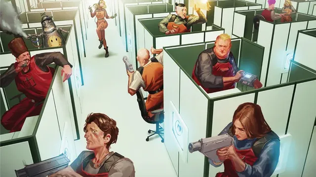 Office cubicles with worker looking over the top and seeing two red troubleshooters brandising weapons on the hunt for something