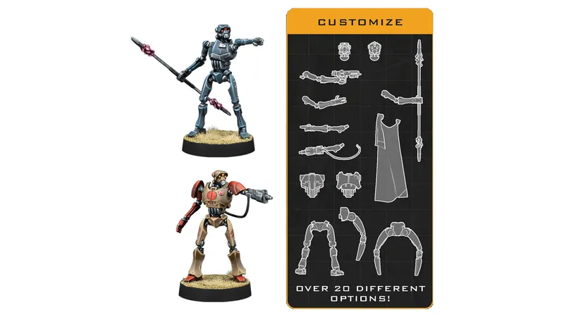 Two multipart miniatures of Separatist Super Tactical Droids are displayed on a textured base, one in a blue and gray color scheme with a raised arm, and the other in a tan and red design, also posed with an arm extended. To the right, a customization panel outlines over 20 different options, including various heads, weapons, and limbs, depicted in white on a black background. The header "CUSTOMIZE" is prominently featured at the top in bold yellow text.